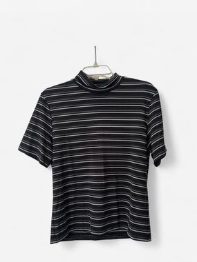 Y2K Kasper ASL gray, black, and white horizontal striped turtleneck top